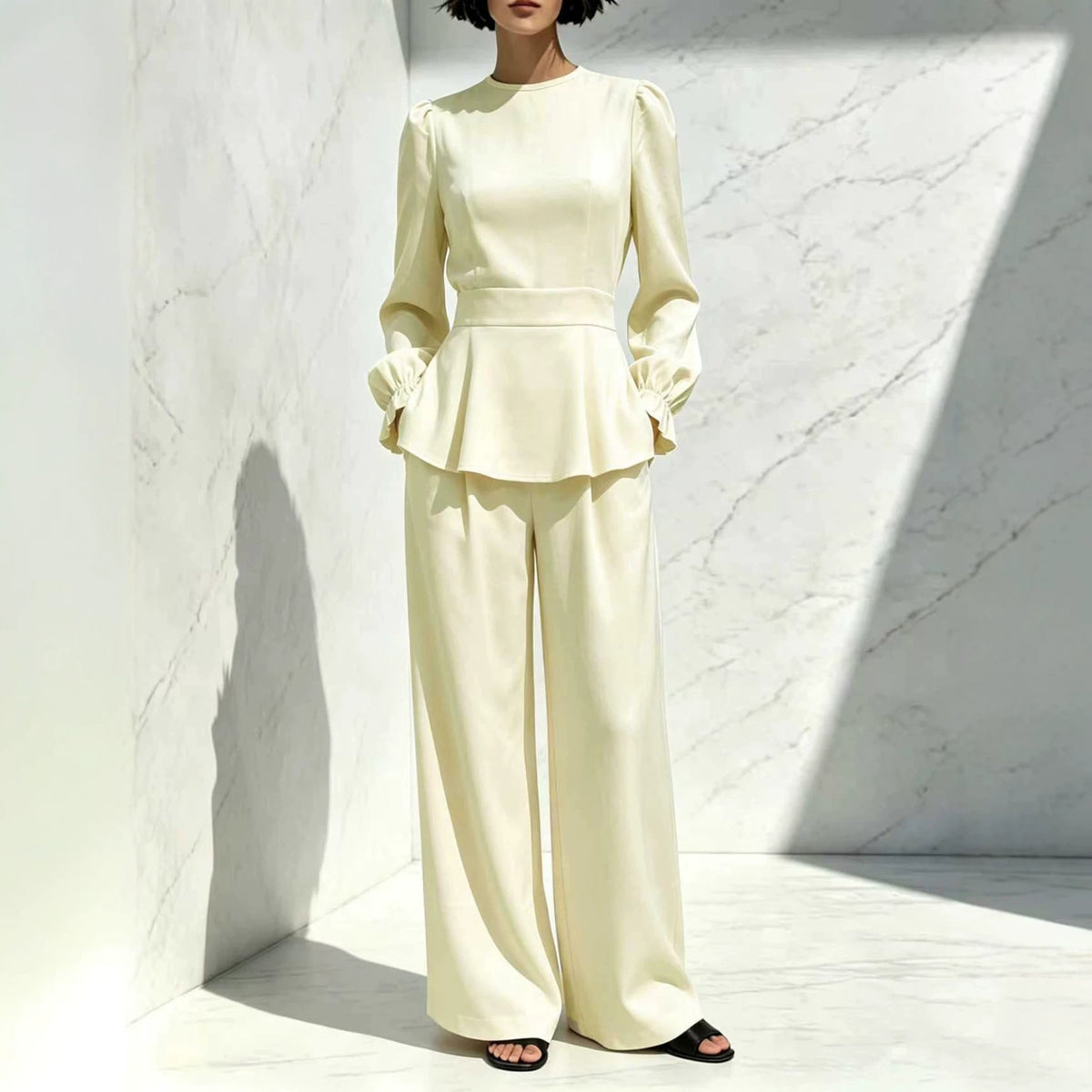 Women's Puff Sleeve Peplum Wide Leg Pants Set