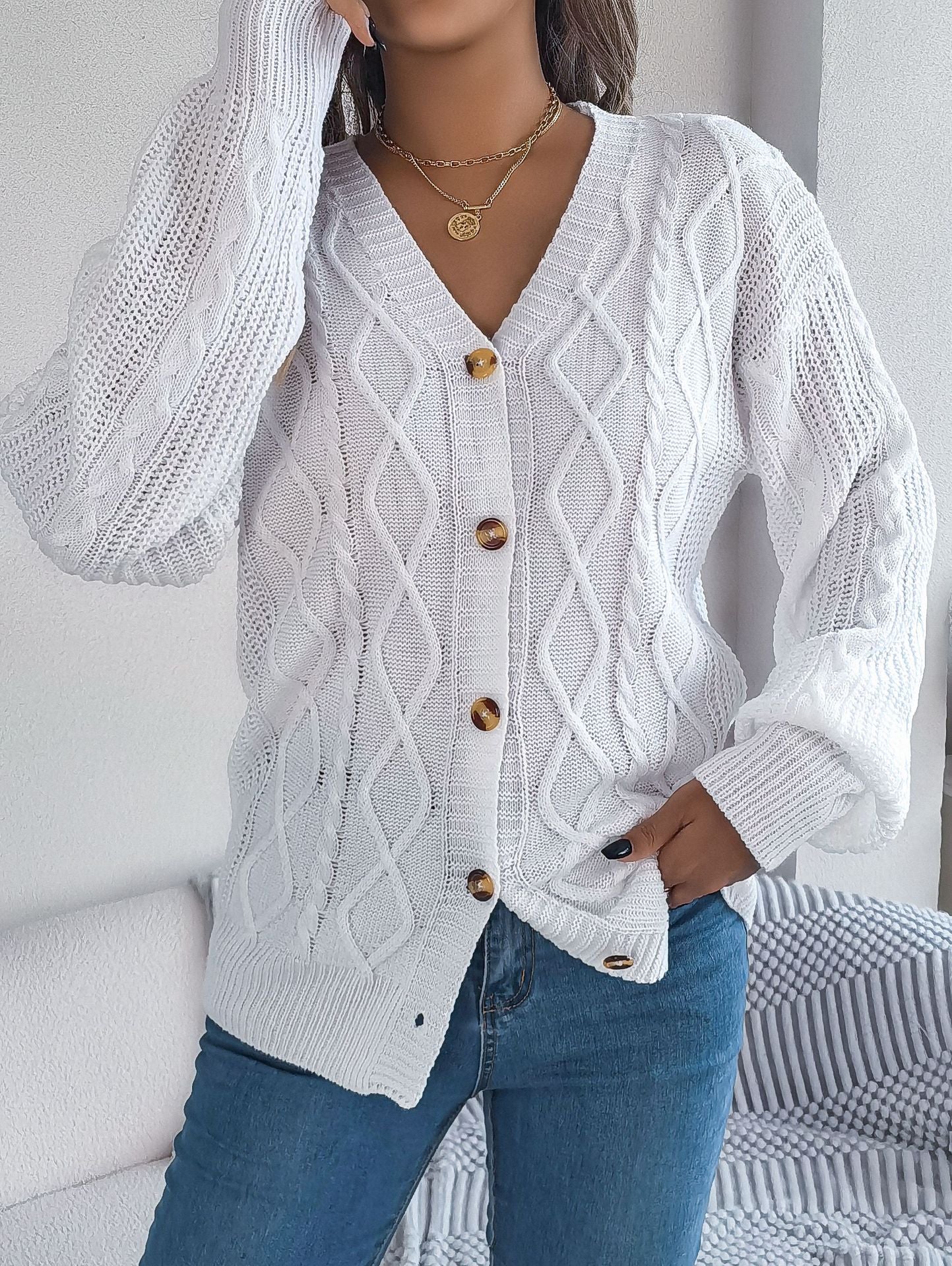 Fall Winter Cable Knit V Neck Lantern Sleeve Cardigan