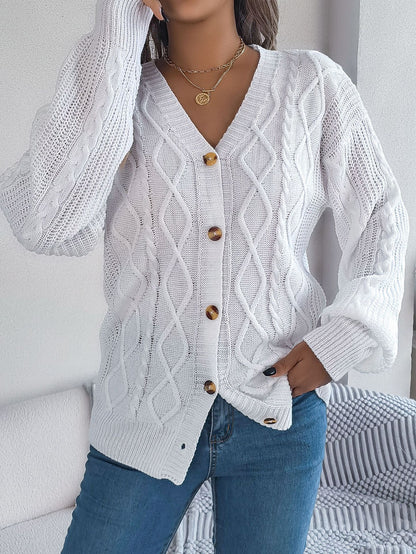 Fall Winter Cable Knit V Neck Lantern Sleeve Cardigan