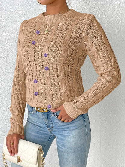 Women's Crew Neck Bottom Shirt Embroidered Flower Sweater