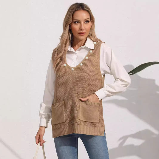 Women's Vest Double Pocket Splicing V-Neck Casual Pearl Vest Sweater