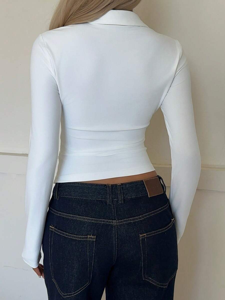 Ruched Button Front Collared Fitted Long Sleeve Blouse