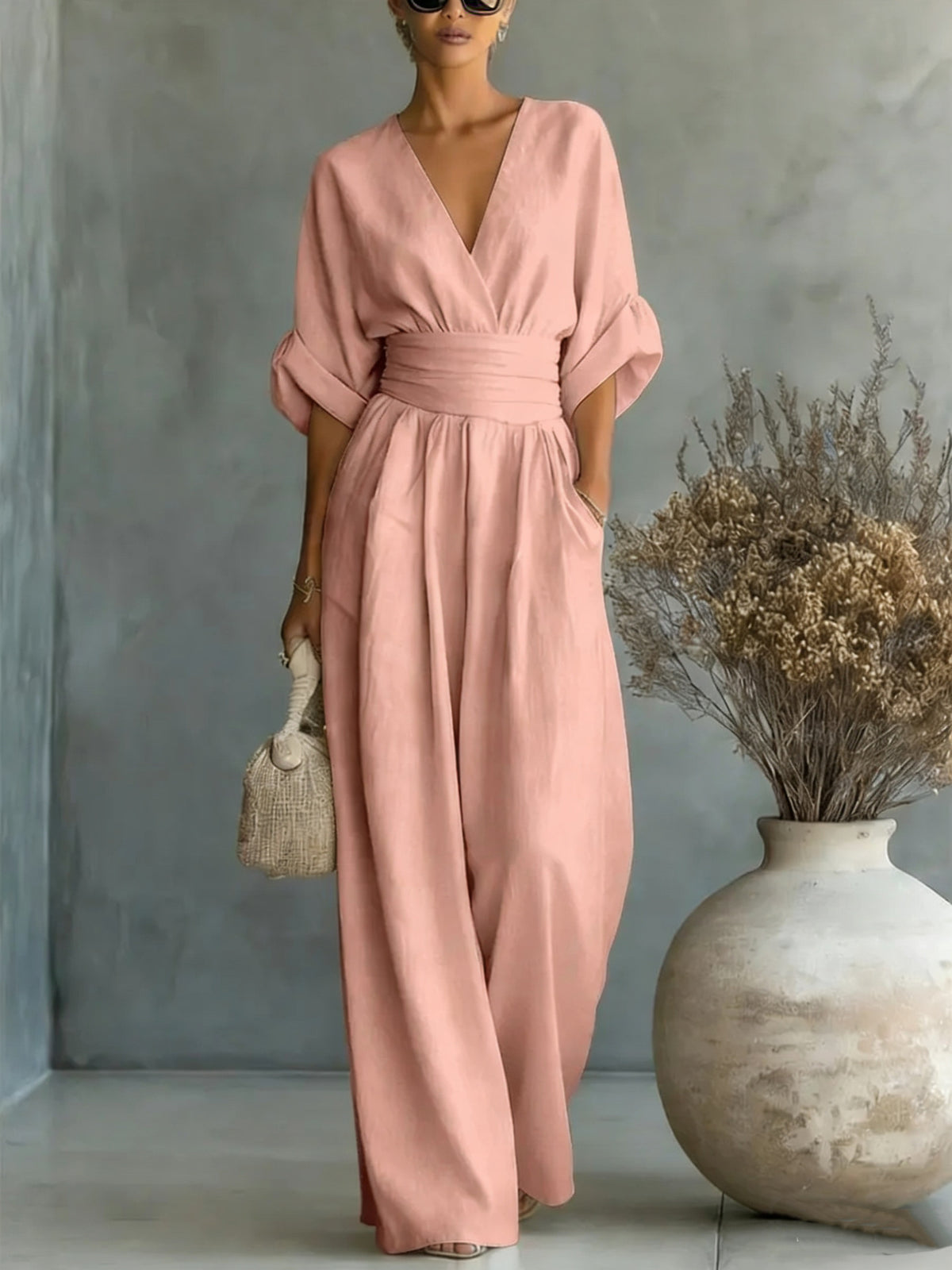 Women's Elegant V-Neck High Waist Wide Leg Jumpsuit