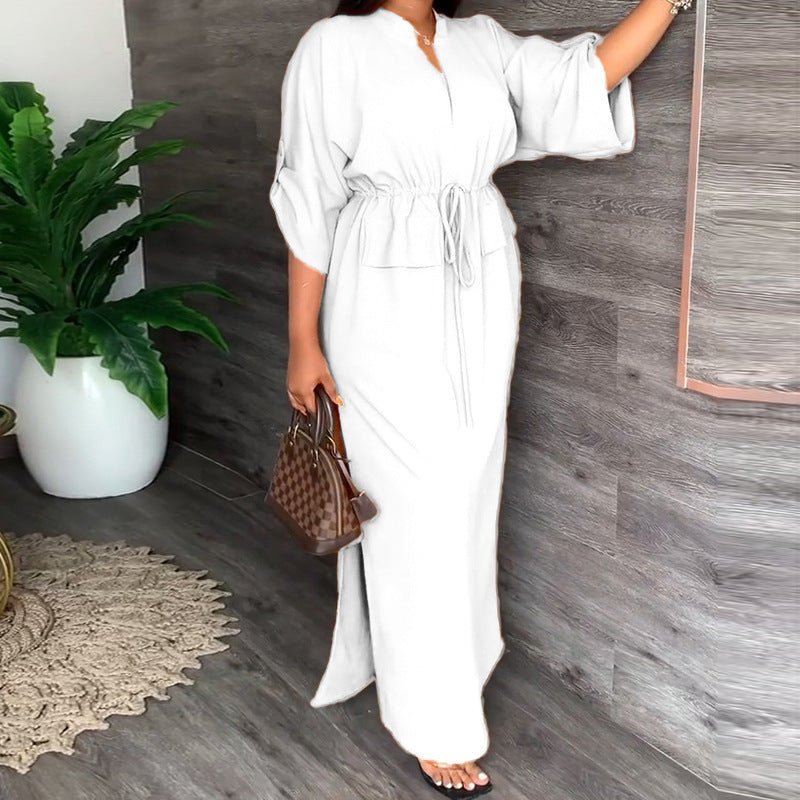 Women's V-Neck Tie Waist Maxi Dress Plus Size
