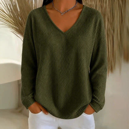 Women's Waffle Knit V Neck Long Sleeve Oversized Top