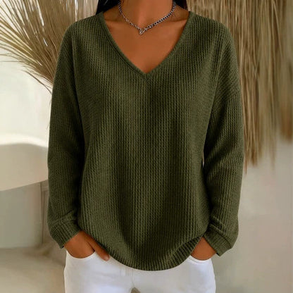 Women's Waffle Knit V Neck Long Sleeve Oversized Top