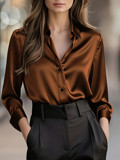 Women's Satin Button Down Shirt Long Sleeve Work Blouse