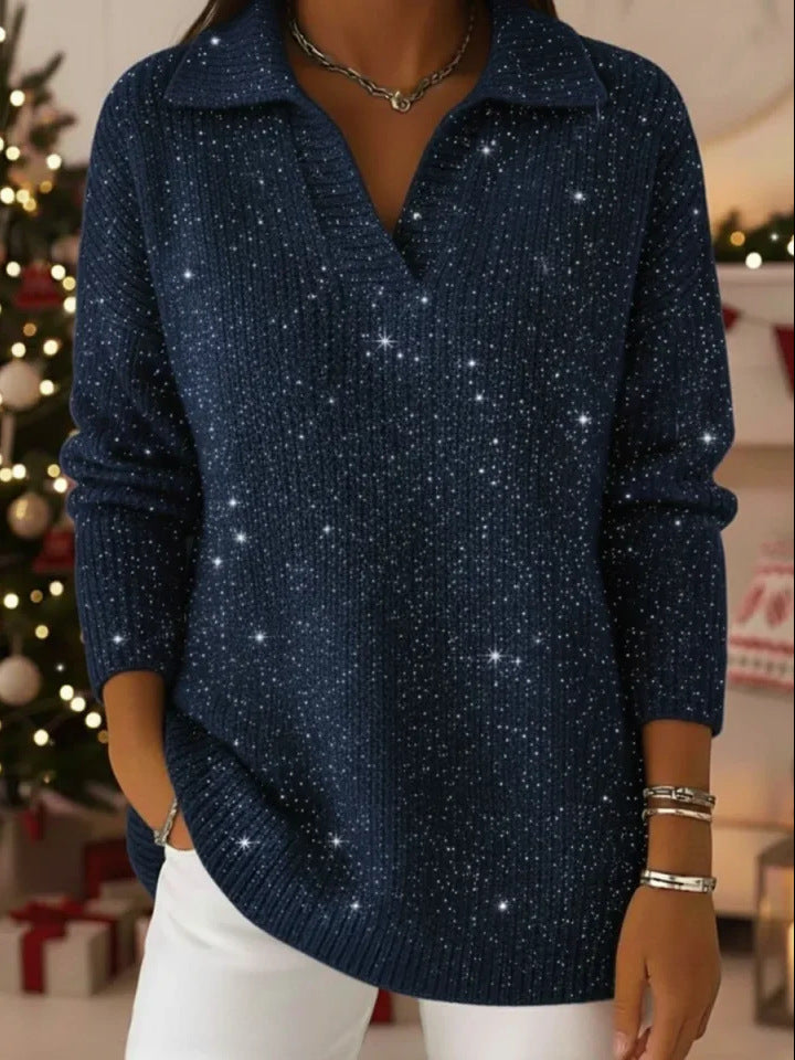 Sparkly Collared V-Neck Sweater Tunic
