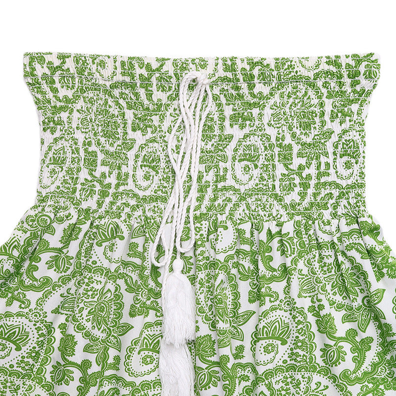 Boho Paisley Maxi Skirt Tassel Drawstring Elastic Waist Green