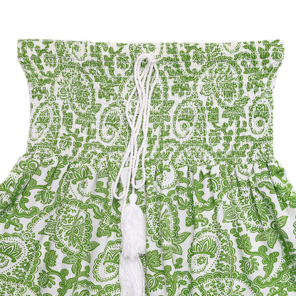 Boho Paisley Maxi Skirt Tassel Drawstring Elastic Waist Green