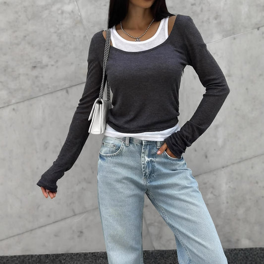 Vintage Layered Look Contrast Long Sleeve Modal Tee