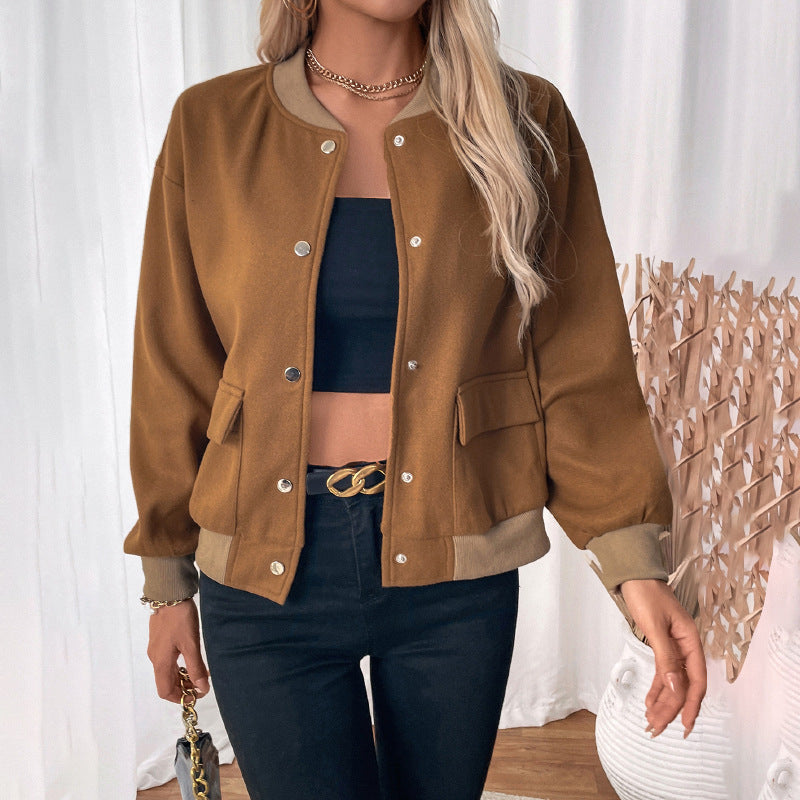 Brown Stand Collar Snap Button Pocket Jacket