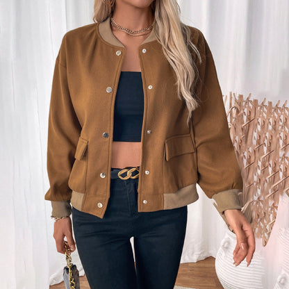 Brown Stand Collar Snap Button Pocket Jacket