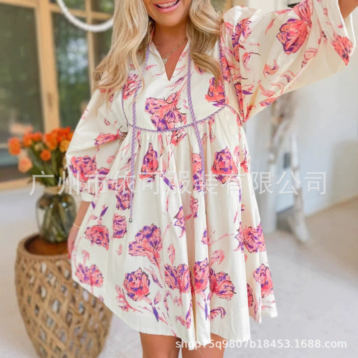 Floral V-Neck Puff Sleeve Midi Dress Tie Waist Boho Flowy