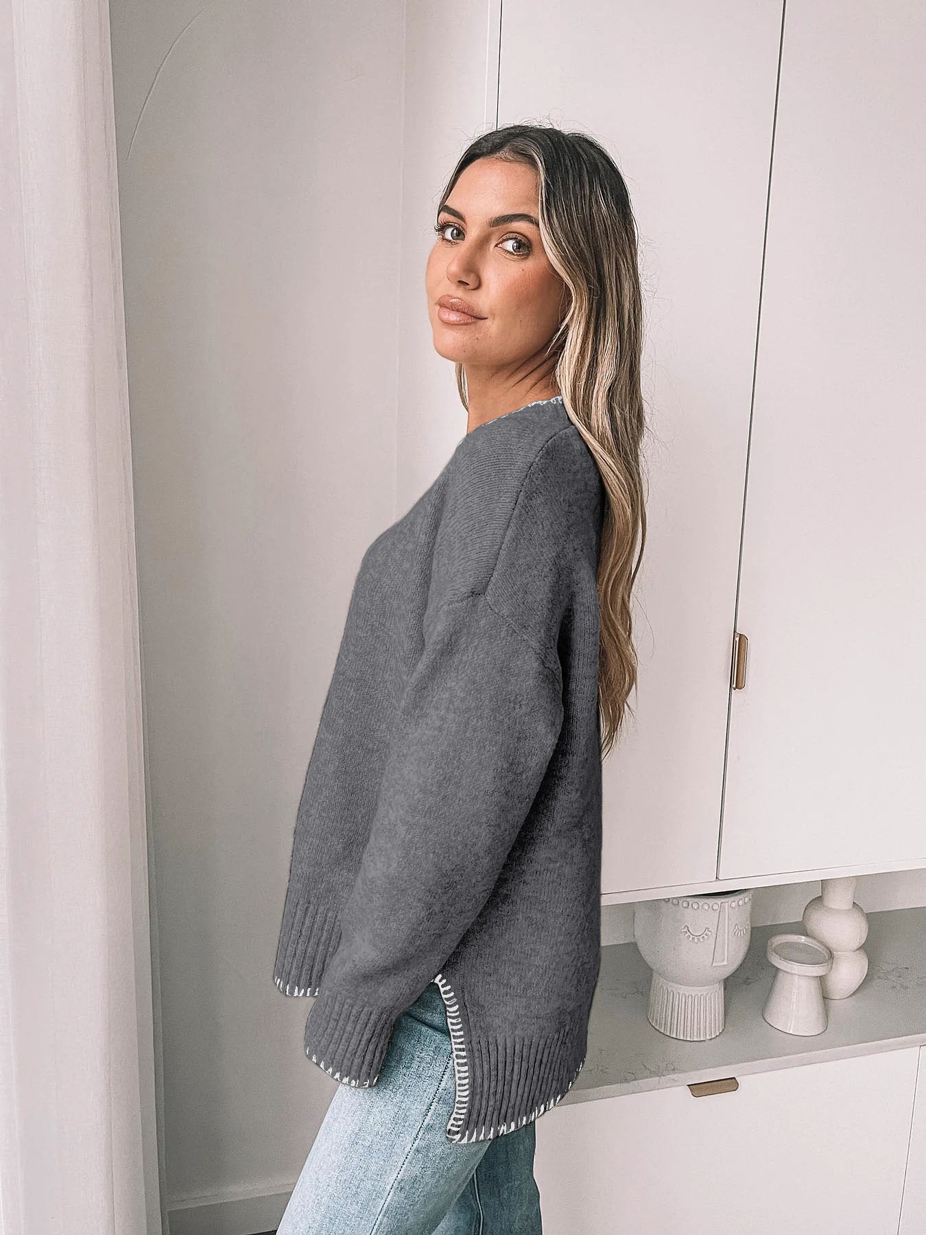 Khaki Contrast Trim Knit Sweater Crew Neck Casual Pullover