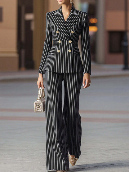 Women's Pinstripe Blazer Wide Leg Pant Suit Set