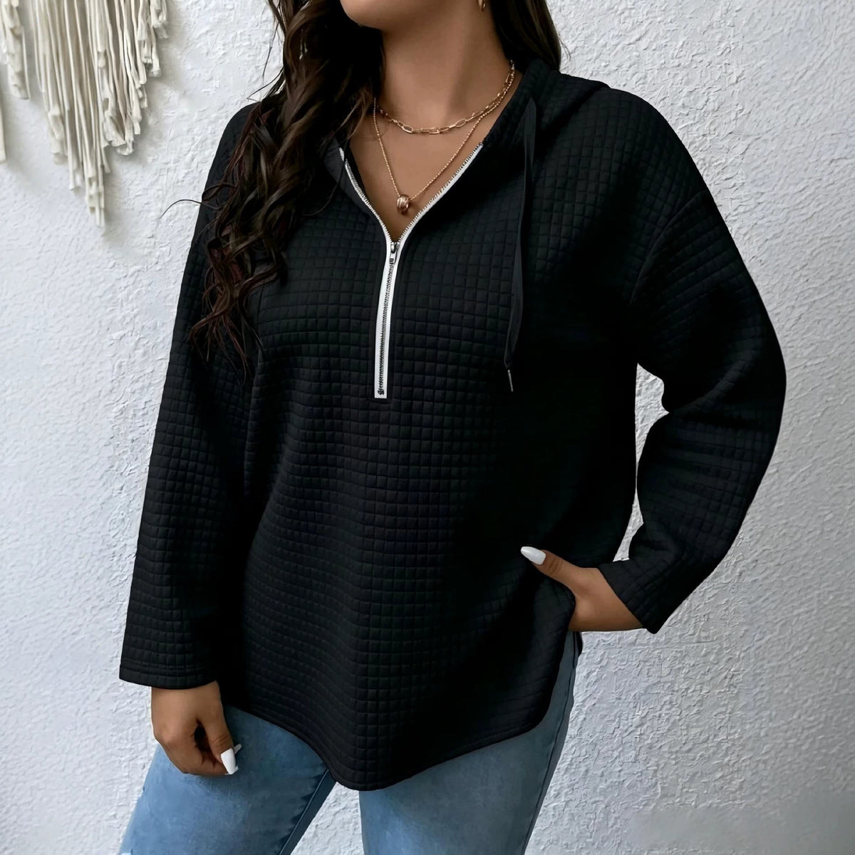 Women's Oversized Waffle Half Zip Hoodie with Pockets