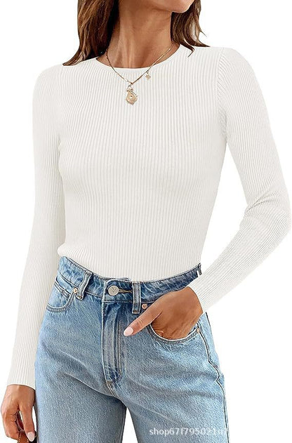 Women's Basic Ribbed Crew Neck Long Sleeve Knit Top