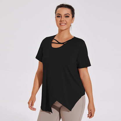 Plus Size Irregular Cross-neck Yoga Quick-drying Short-sleeved T-shirt Elastic Fitness Clothes