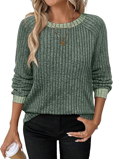 Women's Soft Ribbed Contrast Trim Long Sleeve Crew Neck Top