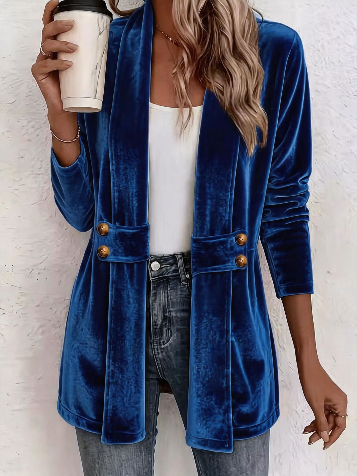 Velvet Shawl Collar Open Front Cardigan Long Sleeve