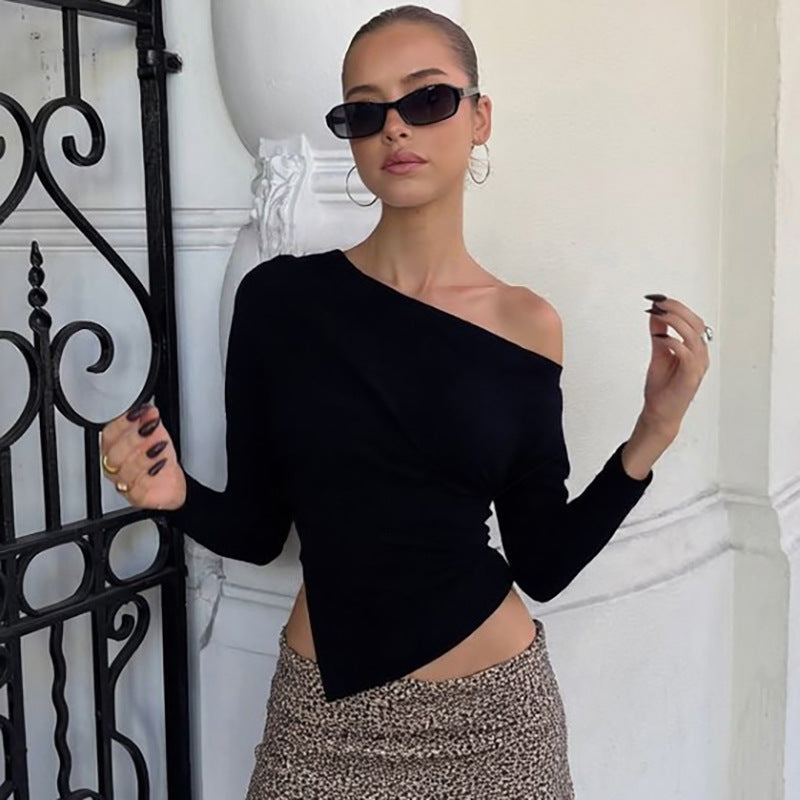 One Shoulder Side Slit Long Sleeve Fitted Top