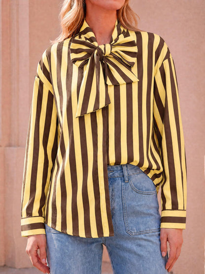 Women's Striped Tie Neck Long Sleeve Blouse Casual