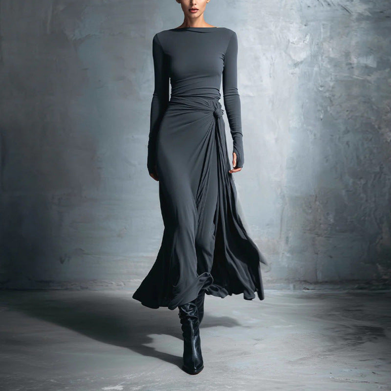 Women's Long Sleeve Knot Waist Maxi Dress A-Line