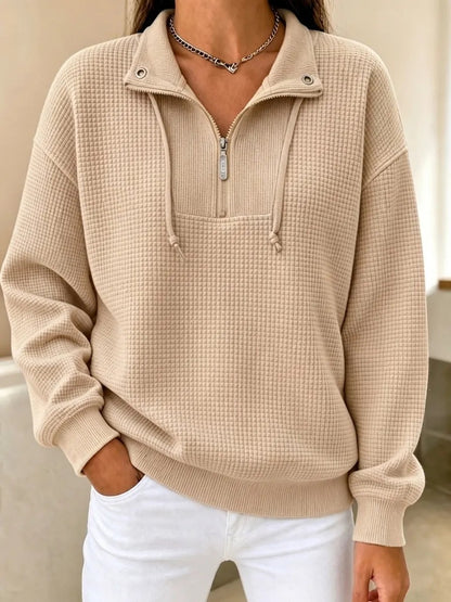 Women's Waffle Knit Half Zip Sweatshirt Oversized Casual