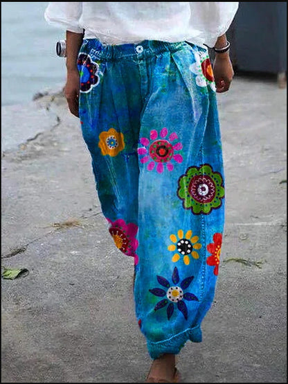 Women's Embroidered Denim Harem Pants Boho Floral Jeans