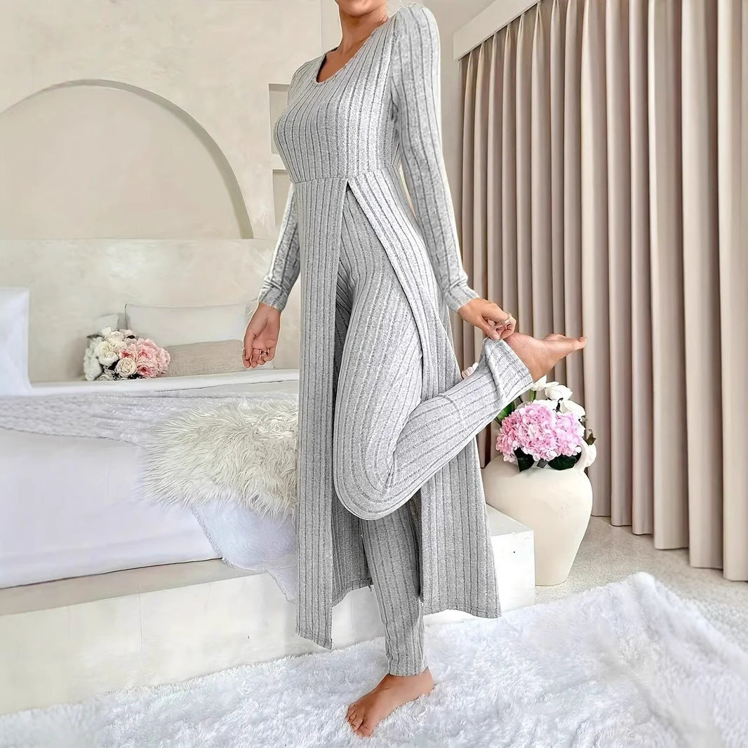 Ribbed Knit Side Slit Long Sleeve Pants Two Piece Set