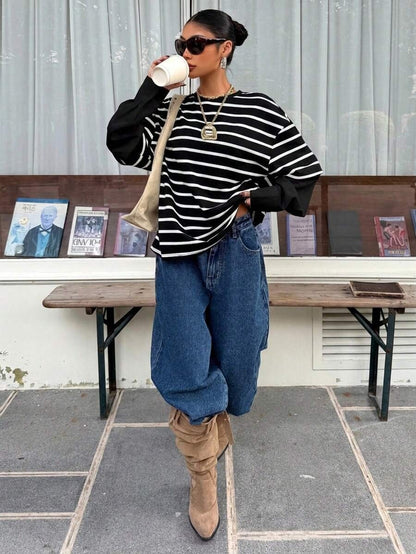 Striped layered look top relaxed long sleeve