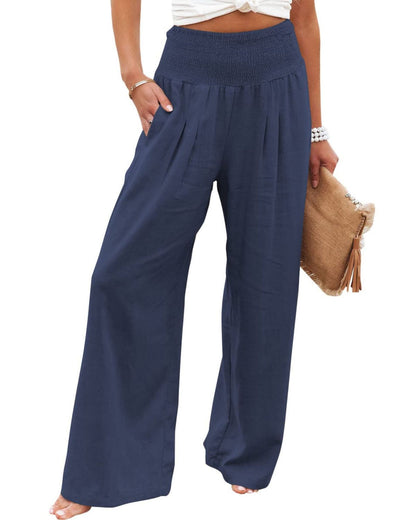 Women's Smocked High Waist Wide Leg Cotton Pants Pockets