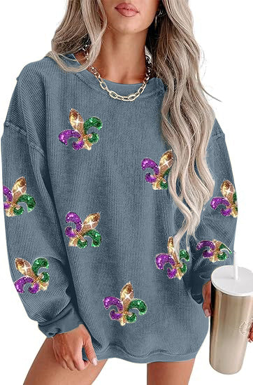 Women's Corduroy Oversized Embroidered Crewneck Sweatshirt