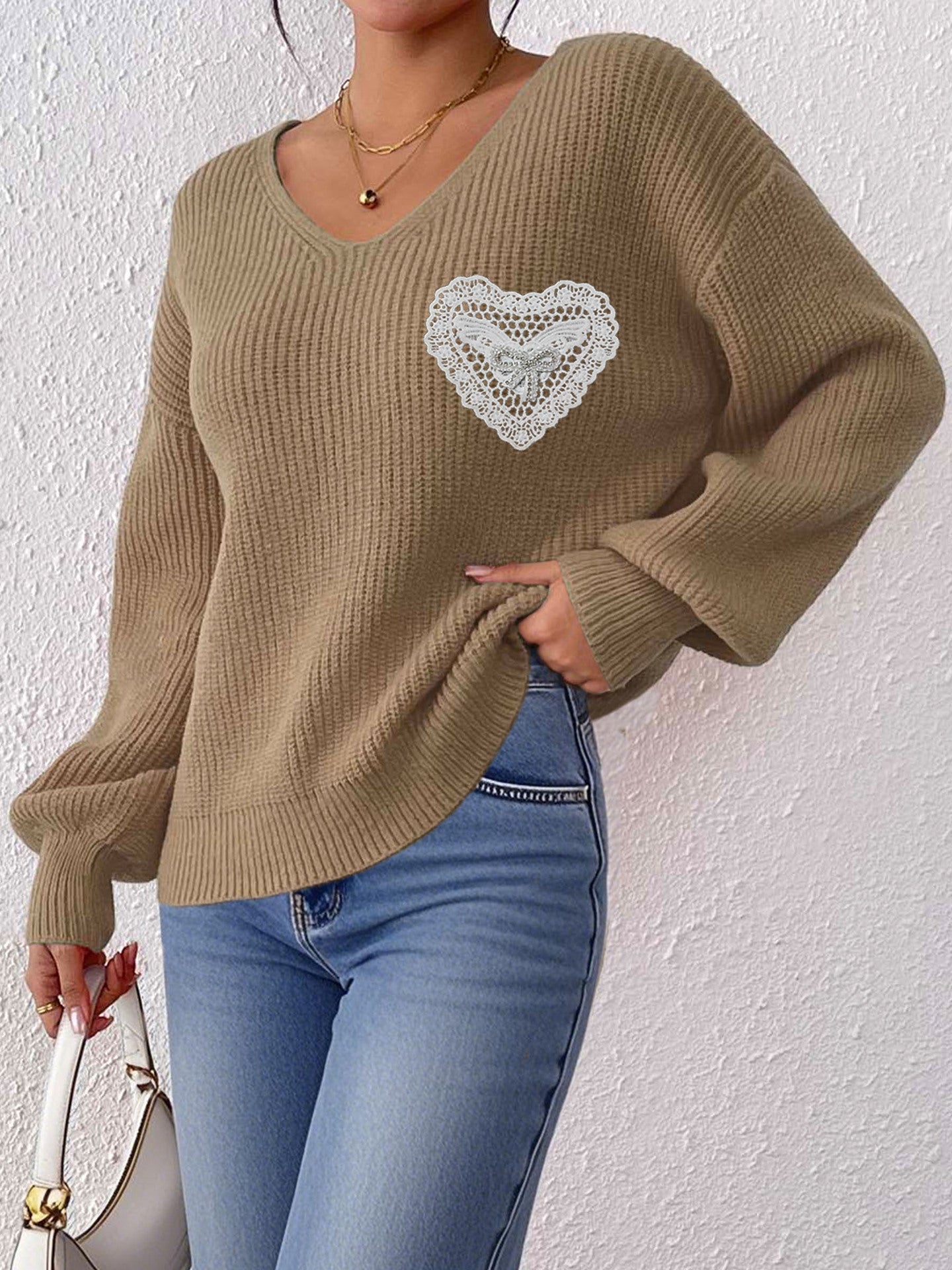 V Neck Knit Pullover Sweater with Lace Heart Detail