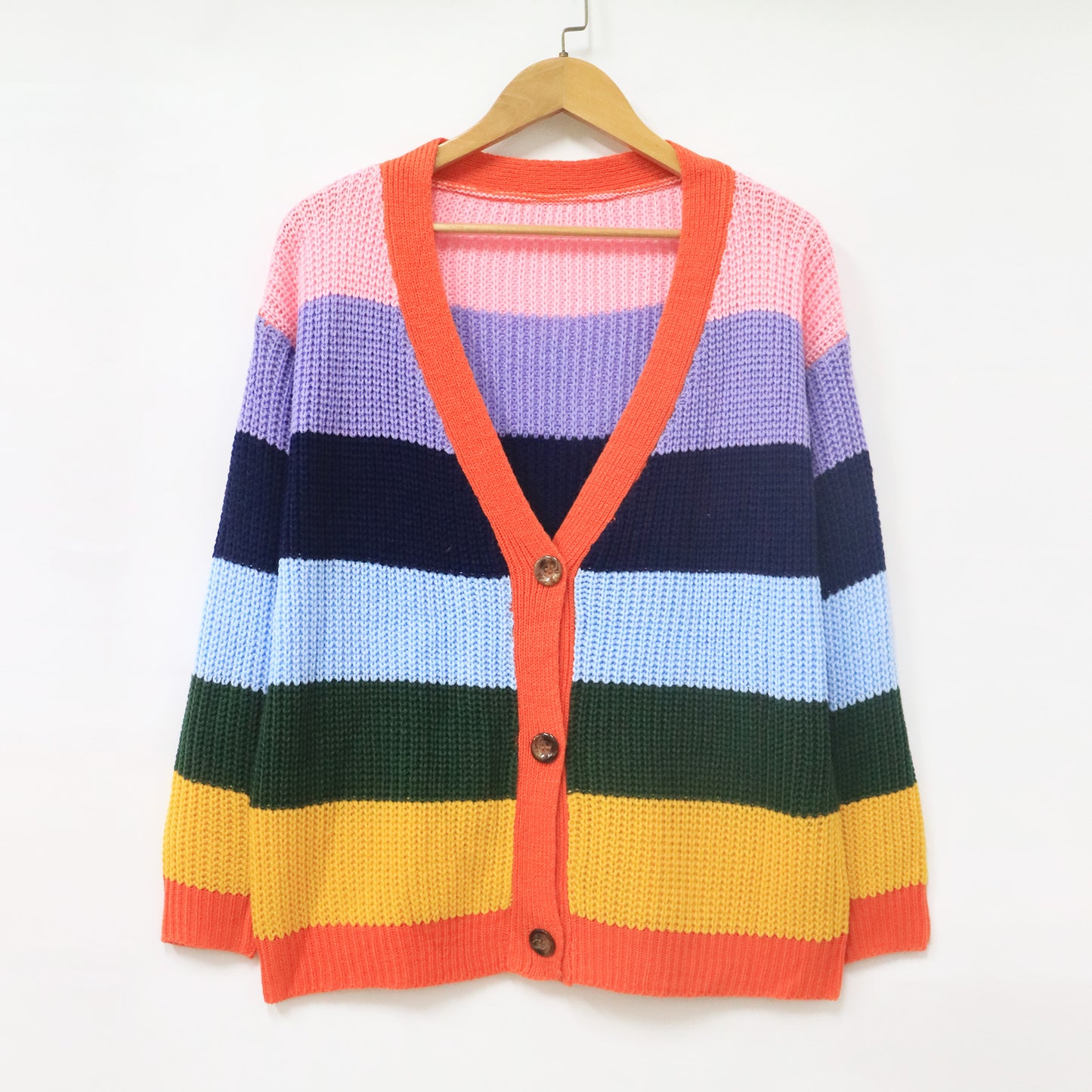 Women's Clothing Contrasting Stripes Splicing Casual Loose Cardigan Sweater