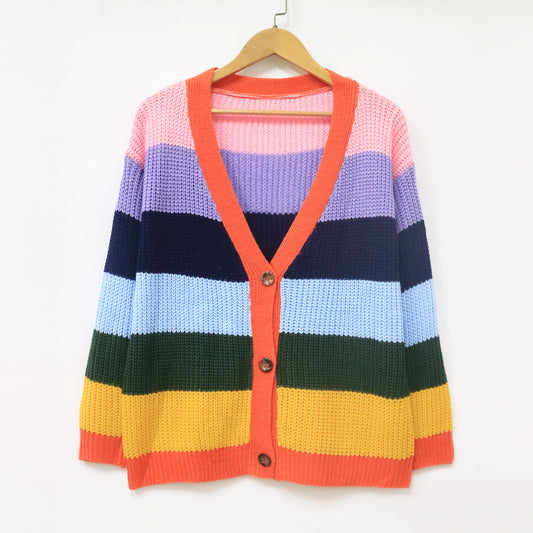 Women's Clothing Contrasting Stripes Splicing Casual Loose Cardigan Sweater