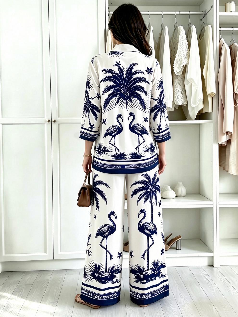 Tropical Print Button Down Wide Leg Pants Set