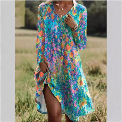 Floral V-Neck Long Sleeve A-Line Midi Dress
