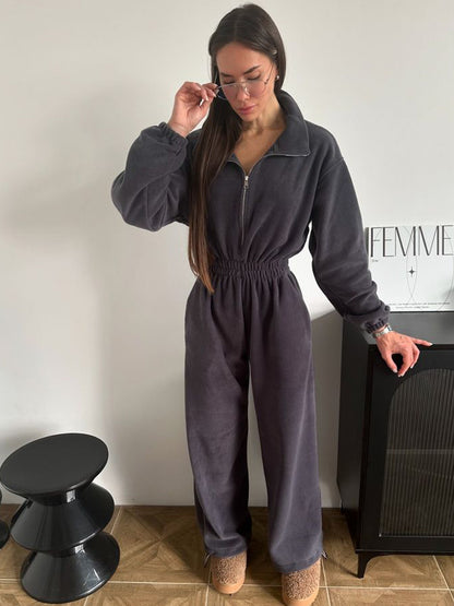Zip Up Fleece Jumpsuit with Elastic Waist