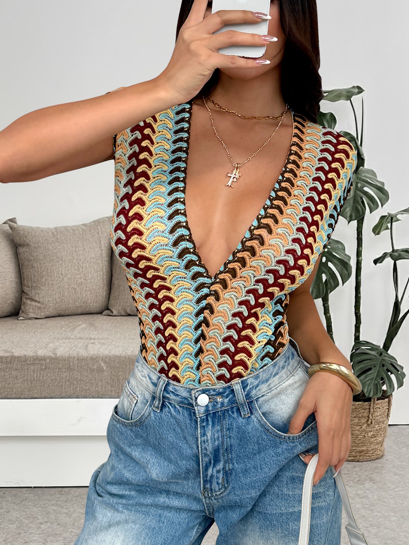 Boho Deep V Crochet Knit Bodysuit Top