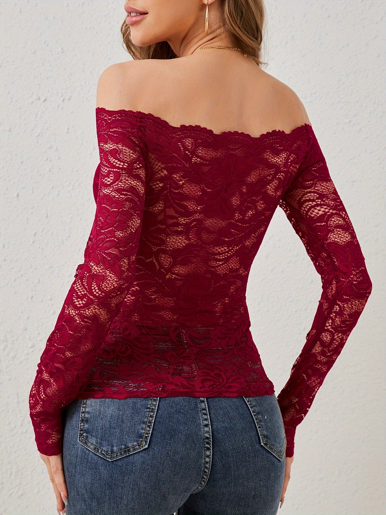 Stunning Off-Shoulder Lace Top with Flared Neck and Slim Fit
