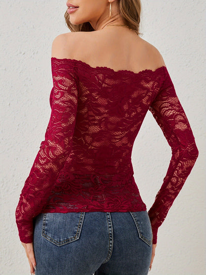 Stunning Off-Shoulder Lace Top with Flared Neck and Slim Fit