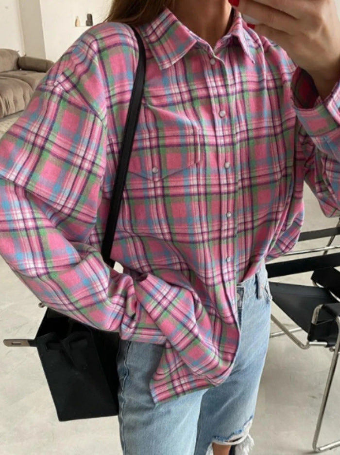 Women's Oversized Plaid Long Sleeve Button Down Shirt