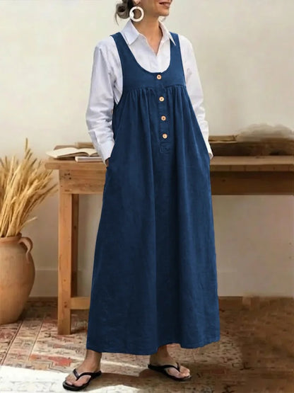Women's Solid Button Front Jumper Dress Sleeveless