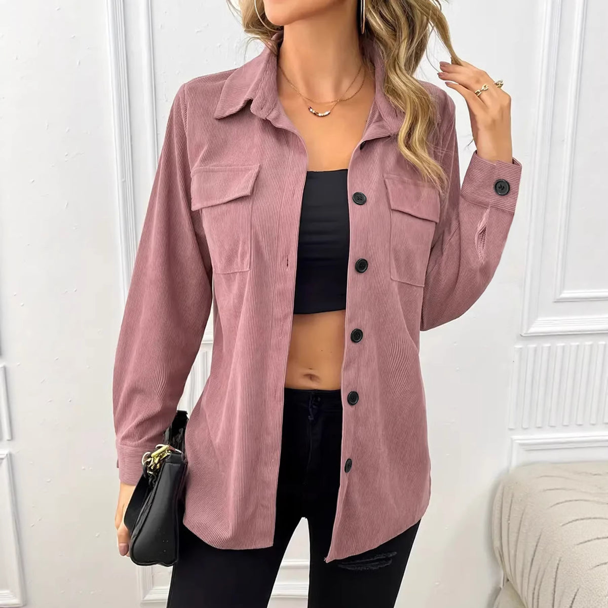 Women's Oversized Corduroy Shacket Button Down Shirt