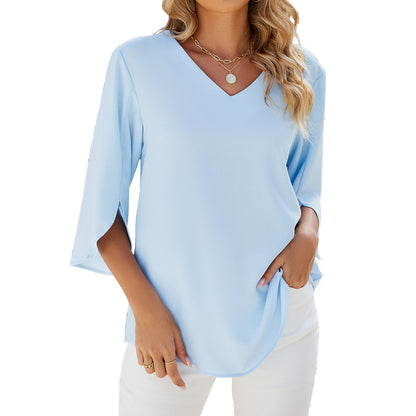 Solid Chiffon Blouse V Neck Loose Fit Custom Top