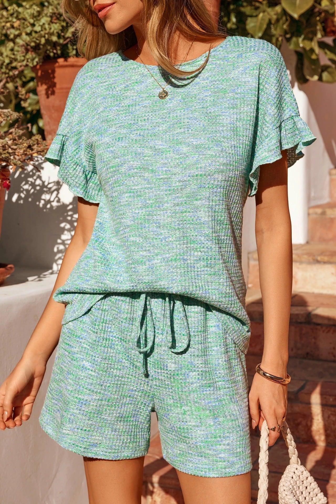 Textured Knit Lounge Set Ruffle Sleeve Drawstring