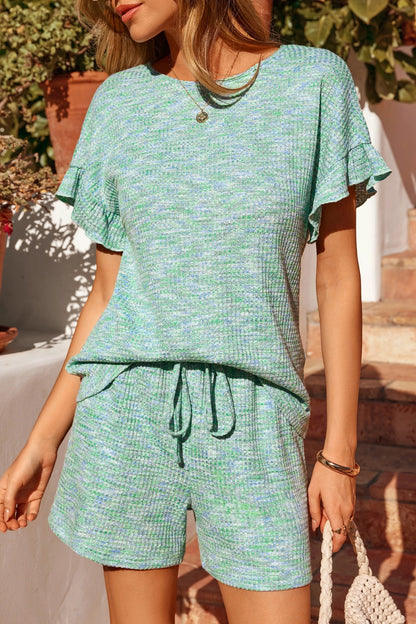 Textured Knit Lounge Set Ruffle Sleeve Drawstring