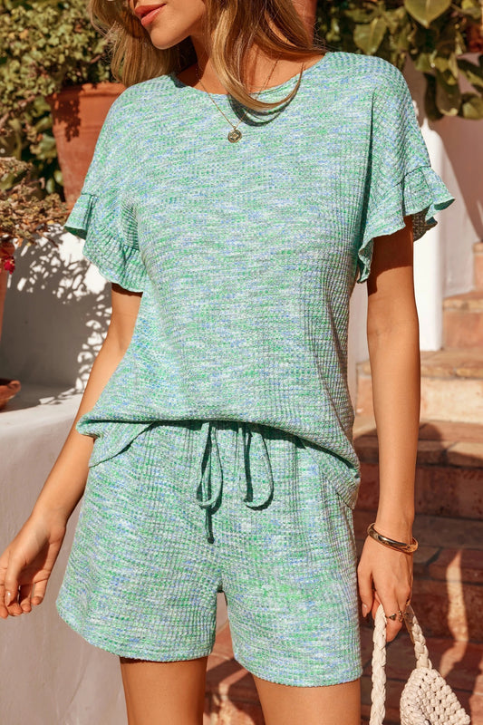 Textured Knit Lounge Set Ruffle Sleeve Drawstring